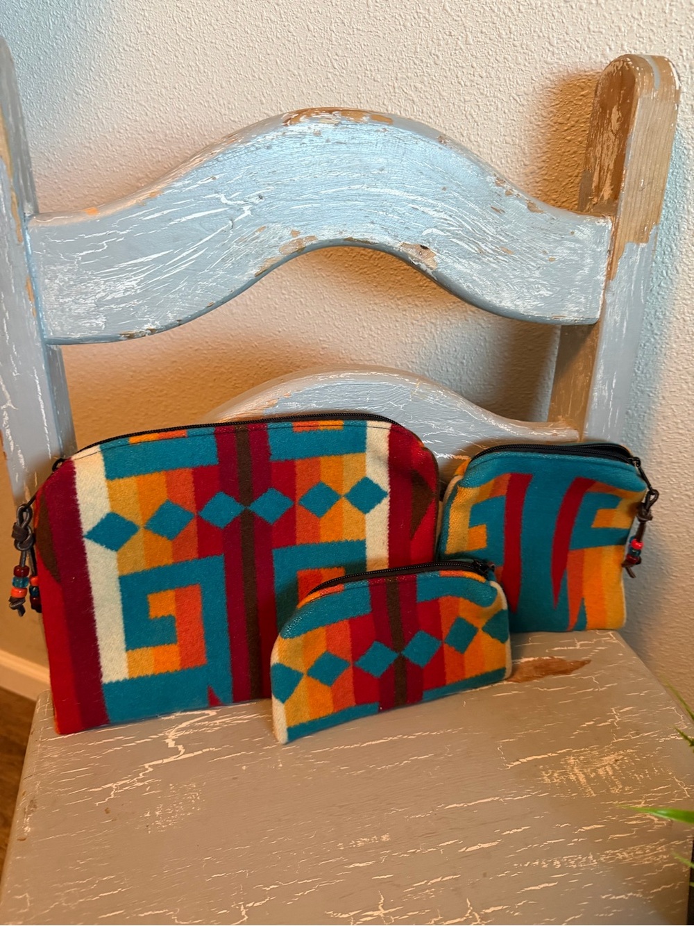 Southwest Style Turquoise, Red & Orange Zip Cosmetic and Toiletry Pouches
